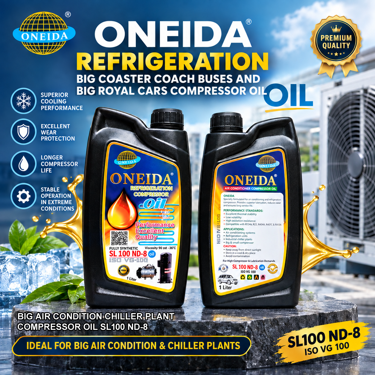 Oneida SL100 ND-8 Refrigeration and Air Conditioning Chiller Plant Compressor Oil | 134a Compatible Synthetic Lubricant | 1-Liter Packing